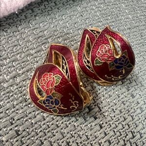 Vintage Red Floral Cloisonné Clip-On Earrings